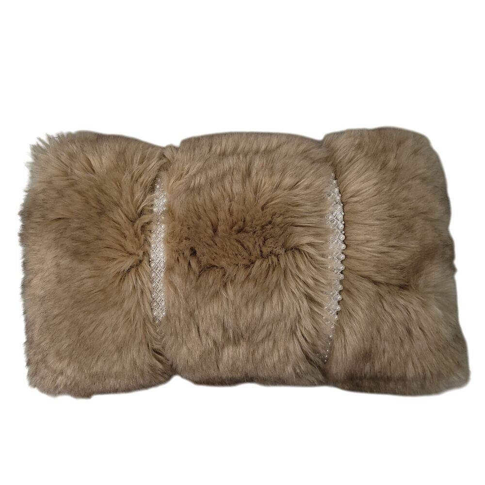 Pier 1 Imports Brown Faux Fur Decorative Pillow Pearl & Glass Bead Embellished